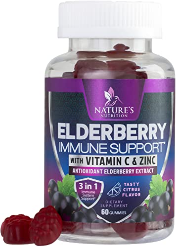 Immune Support Gummies for Adults with Black Elderberry Extract, C & Zinc, Natural Pectin Based Gummy Vitamin, Immune System Support Supplement for Children, Tasty Fruit Flavor - 60 Gummies