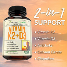 Load image into Gallery viewer, Vitamin K2 (MK7) and D3 Supplement. Strong Bones and Healthy Heart Formula with Calcium Citrate, Artichoke and Chromium for Better Absorption. 100 Micrograms K2 MK-7 and 5000IU of D3. 60 Capsules.
