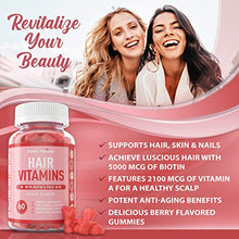 Load image into Gallery viewer, Premium Hair Vitamins Supplement - Gummy Vitamins w/ Biotin, Folic Acid, Vitamins A &amp; D - Supports Faster Hair Growth and Promotes Healthy Hair, Skin, and Nails - 60 Non-GMO Berry Flavored Gummies
